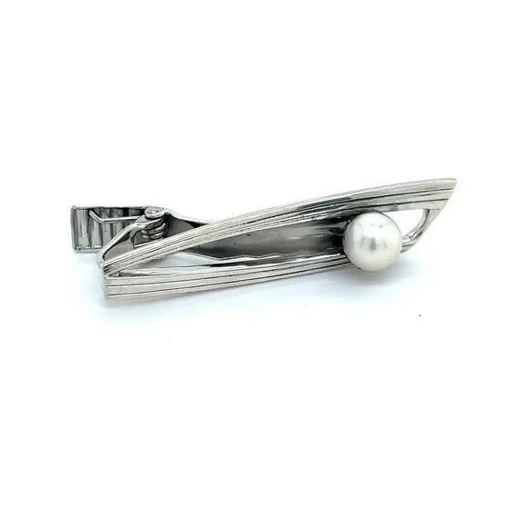 Mikimoto Estate Akoya Pearl Mens Tie Clip 7 mm Sterling Silver M316